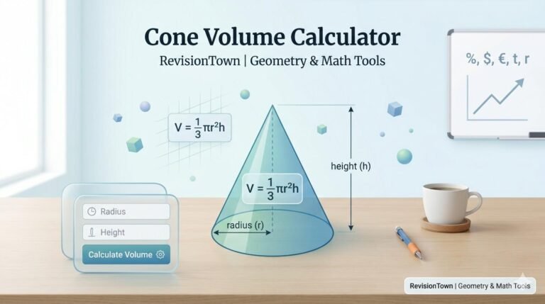 Cone volume calculator with radius, height, and volume formula on a clean math‑education background