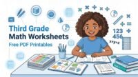 Colorful and engaging third-grade classroom scene with students solving math worksheets, representing free printable third-grade math PDFs from RevisionTown.