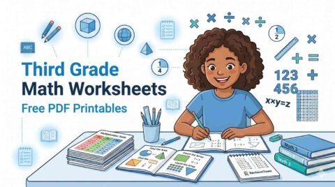 Colorful and engaging third-grade classroom scene with students solving math worksheets, representing free printable third-grade math PDFs from RevisionTown.