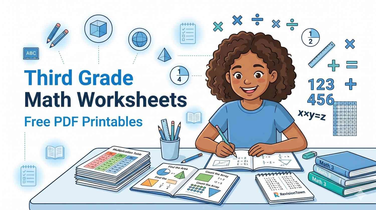 Colorful and engaging third-grade classroom scene with students solving math worksheets, representing free printable third-grade math PDFs from RevisionTown.