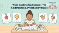 Free kindergarten and preschool spelling workbooks printable from RevisionTown featuring weekly spelling practice pages for kids.