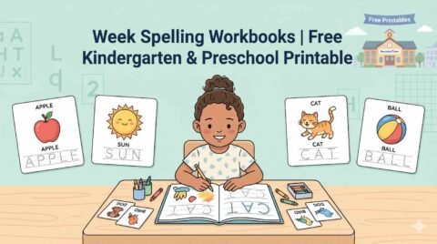 Free kindergarten and preschool spelling workbooks printable from RevisionTown featuring weekly spelling practice pages for kids.
