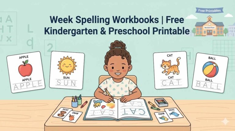 Free kindergarten and preschool spelling workbooks printable from RevisionTown featuring weekly spelling practice pages for kids.