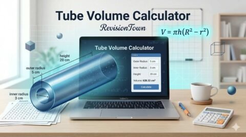 Tube volume calculator tool by RevisionTown - calculate hollow cylinder volume with inner/outer radius and height inputs