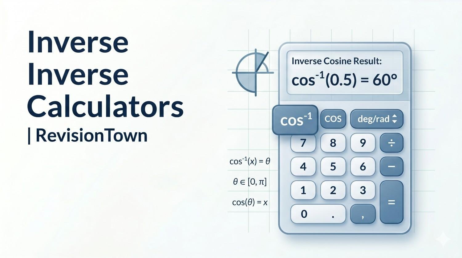 Highly advanced inverse cosine calculator showing cos⁻¹(0.5) = 60° on a sleek, modern calculator UI for RevisionTown's trigonometry tutorial.