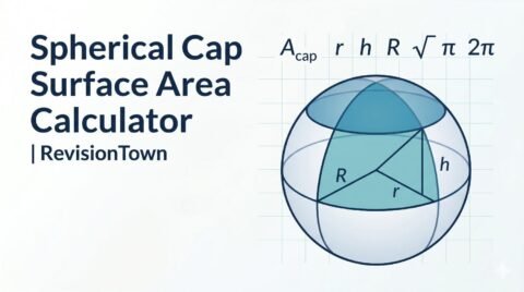 3D illustration of a spherical cap showing radius and height for surface area calculation – RevisionTown geometry calculator
