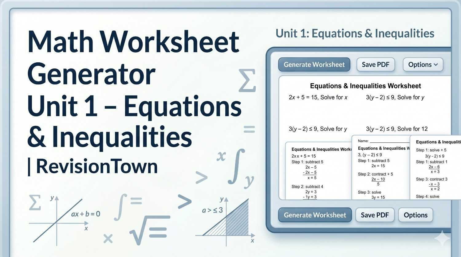 Math Worksheet Generator with equations and inequalities visuals on RevisionTown