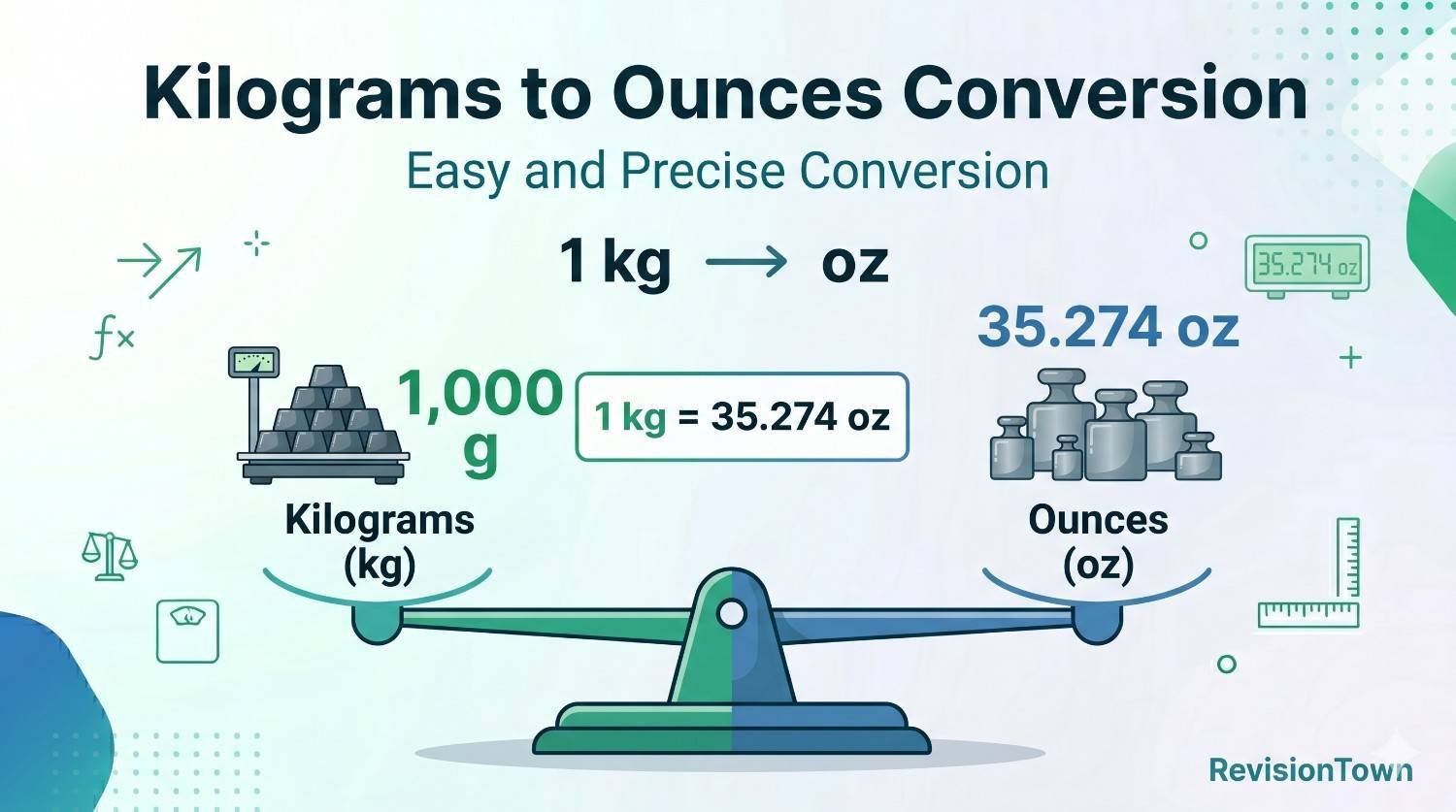Kilograms to ounces conversion formula showing 1 kg equals 35.274 oz with digital scale illustration