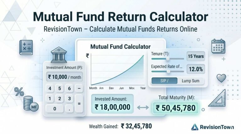 Mutual fund return calculator online tool interface on laptop screen for calculating SIP and lump sum investment returns on RevisionTown