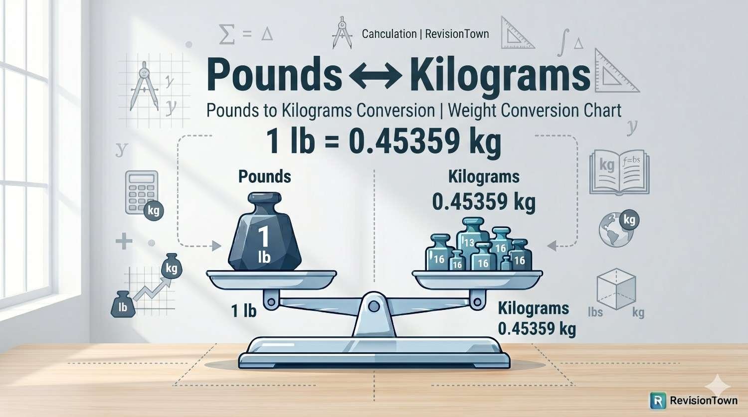 Illustration showing pounds to kilograms conversion with modern design and metric scale graphics for RevisionTown