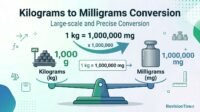 Kilograms to milligrams conversion chart showing 1 kg equals 1,000,000 mg with visual scale