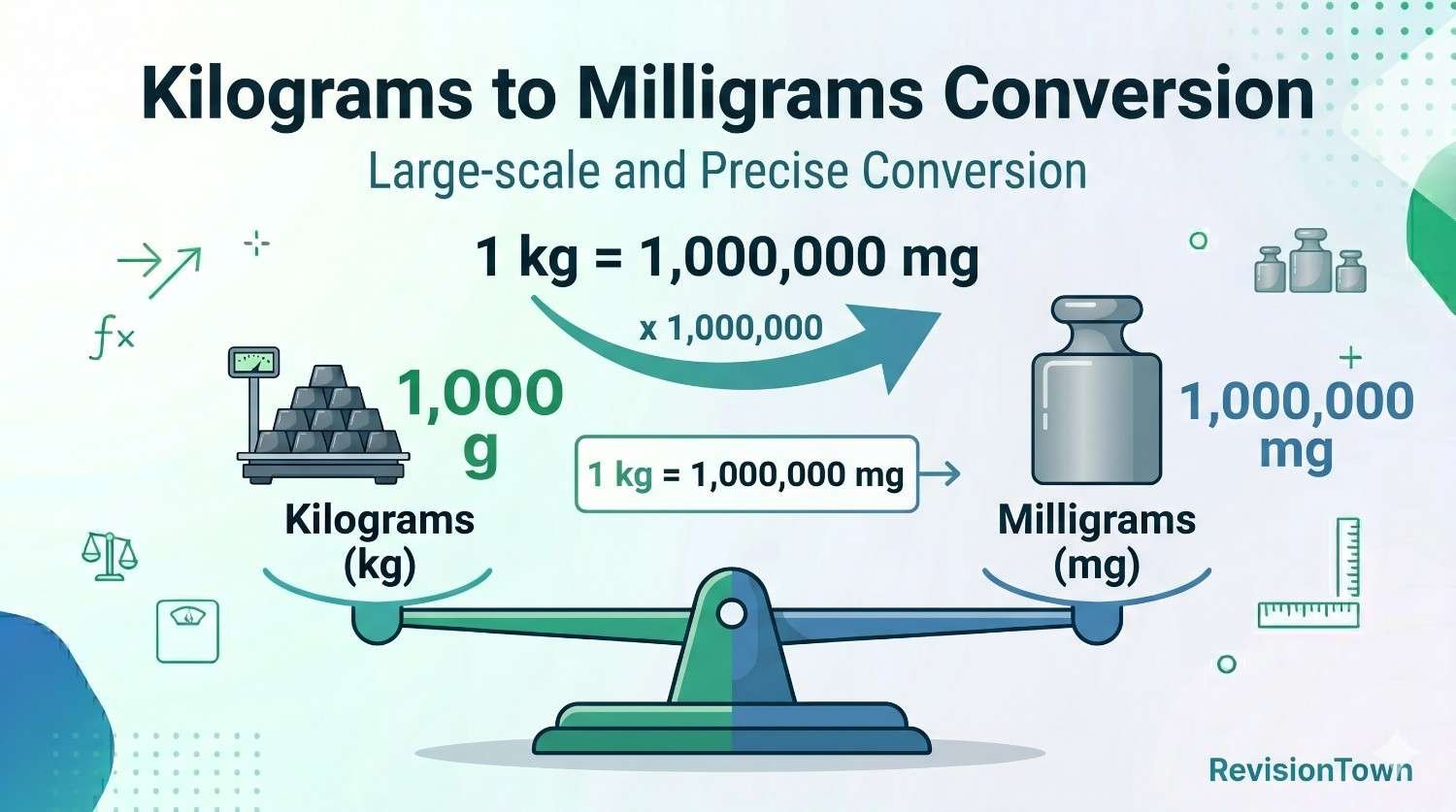 Kilograms to milligrams conversion chart showing 1 kg equals 1,000,000 mg with visual scale