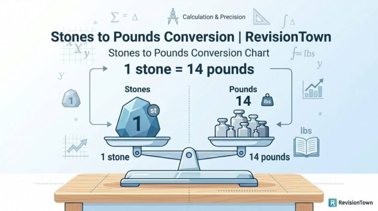 Infographic showing stones to pounds conversion chart with scale illustration and RevisionTown branding.