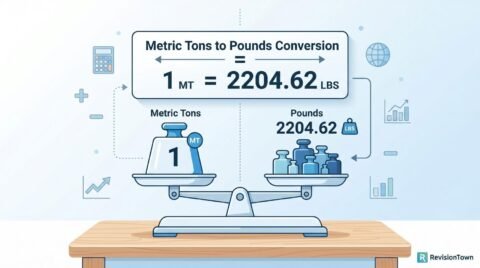 Metric tons to pounds conversion infographic showing weight scale and numeric values – RevisionTown