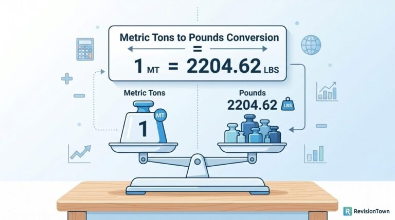 Metric tons to pounds conversion infographic showing weight scale and numeric values – RevisionTown