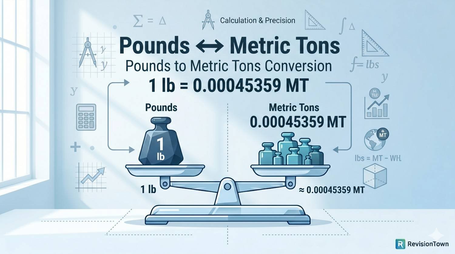 Conversion chart showing how to convert pounds to metric tons — educational infographic from RevisionTown.