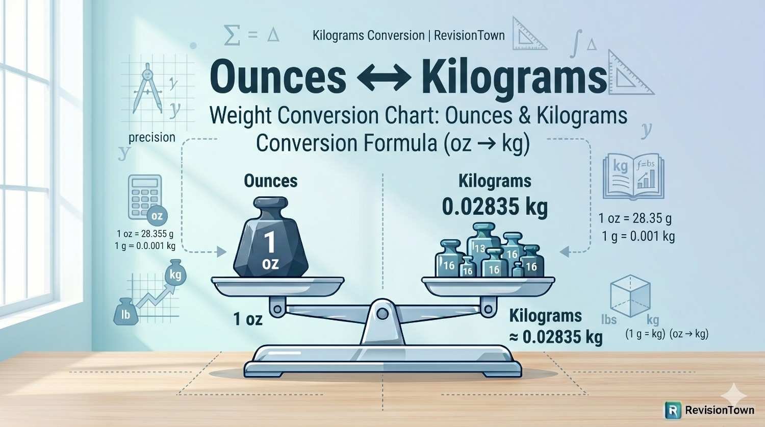 Ounces to Kilograms Conversion infographic with formulas and measurement visuals by RevisionTown.