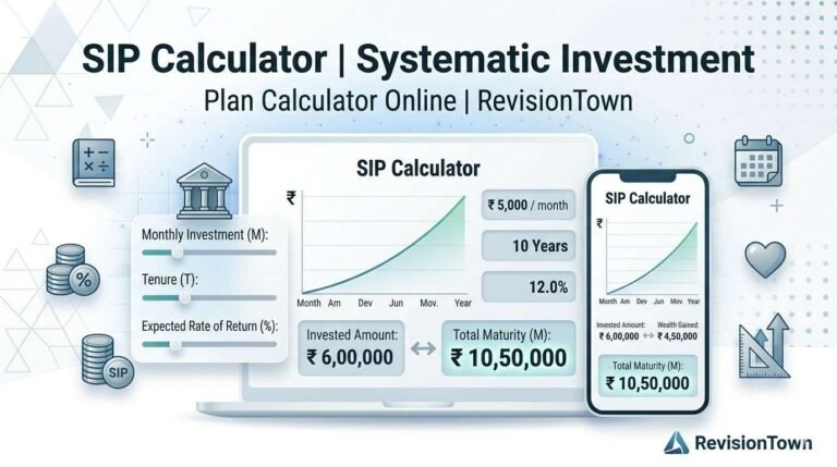 SIP calculator online tool showing monthly investment returns for Systematic Investment Plan on RevisionTown website