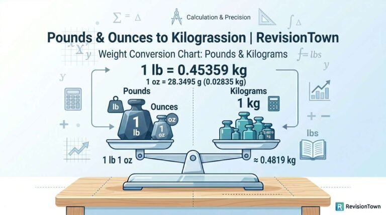 Pounds and Ounces to Kilograms conversion chart illustration by RevisionTown showing metric weight conversion infographic.