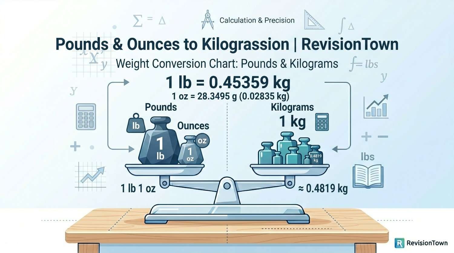 Pounds and Ounces to Kilograms conversion chart illustration by RevisionTown showing metric weight conversion infographic.