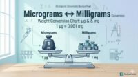 Professional infographic showing micrograms to milligrams conversion with scientific measurement symbols and clean academic design for RevisionTown.