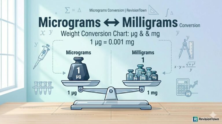 Professional infographic showing micrograms to milligrams conversion with scientific measurement symbols and clean academic design for RevisionTown.