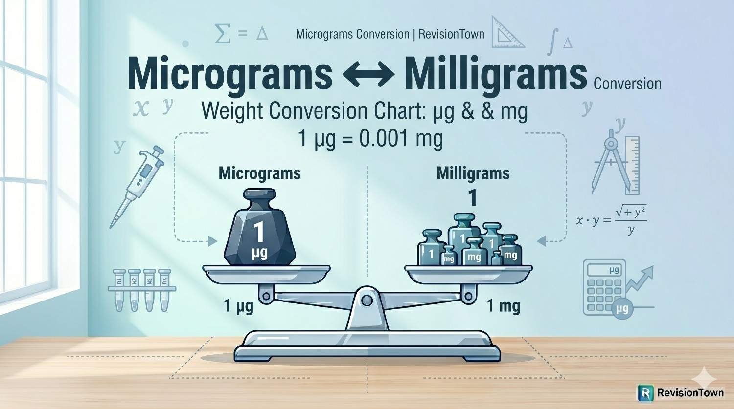 Professional infographic showing micrograms to milligrams conversion with scientific measurement symbols and clean academic design for RevisionTown.