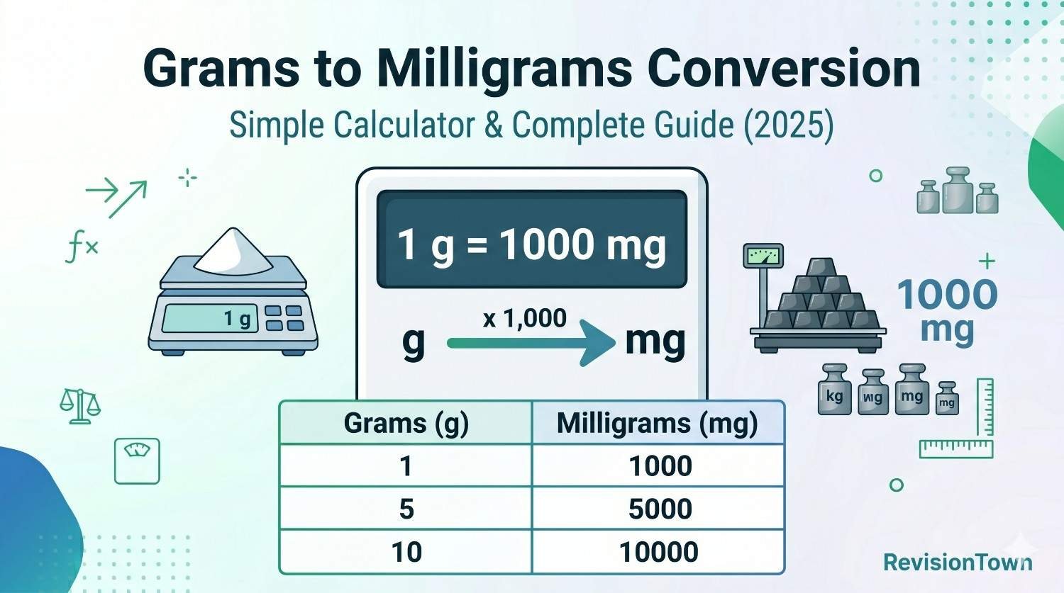 Grams to milligrams conversion calculator showing 1 gram equals 1000 milligrams with chart and measurement icons