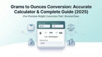 Grams to ounces conversion calculator with formula 1 oz equals 28.35 grams shown on digital scale and measurement interface