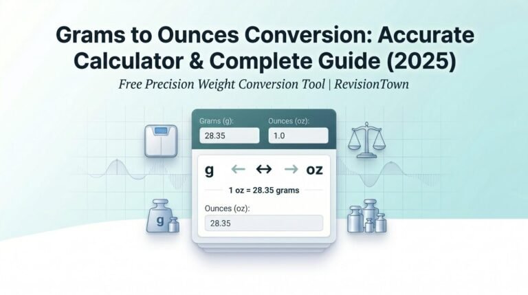 Grams to ounces conversion calculator with formula 1 oz equals 28.35 grams shown on digital scale and measurement interface