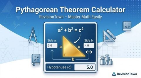 Pythagorean Theorem Calculator featured image from RevisionTown showing right triangle formula a² + b² = c² and interactive math tool interface.