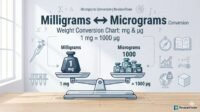 Milligrams to micrograms conversion chart showing mg to µg calculation steps for educational science blog RevisionTown.