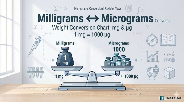 Milligrams to micrograms conversion chart showing mg to µg calculation steps for educational science blog RevisionTown.