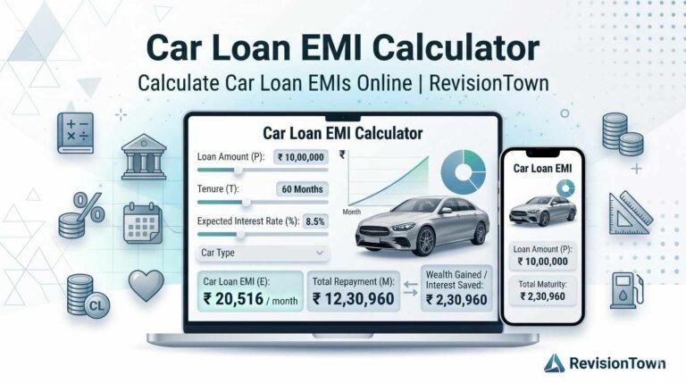 Car loan EMI calculator showing monthly installment breakdown with interest rate and loan amount on digital screen
