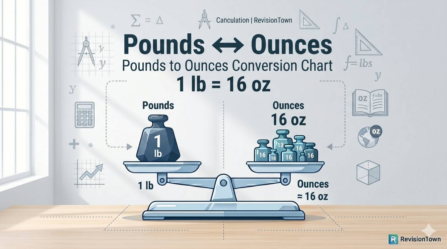 Professional infographic illustrating pounds to ounces conversion formula for RevisionTown