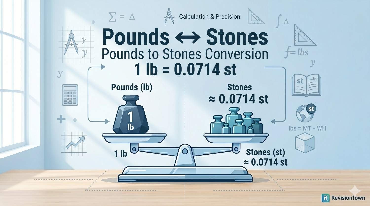 Image showing an educational infographic about Pounds to Stones weight conversion with scale and numeric chart, created for RevisionTown blog article.