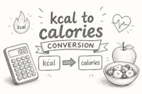 kcal to calories conversion formula showing 1 kilocalorie equals 1000 calories with calculator and health icons