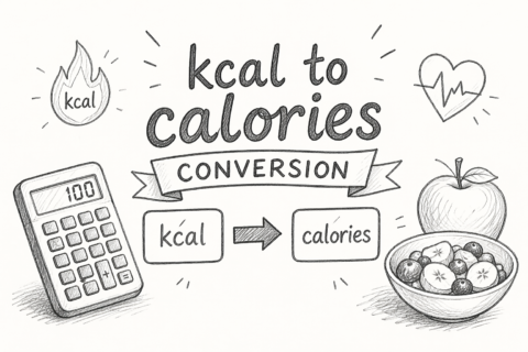 kcal to calories conversion formula showing 1 kilocalorie equals 1000 calories with calculator and health icons