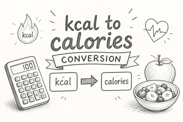 kcal to calories conversion formula showing 1 kilocalorie equals 1000 calories with calculator and health icons