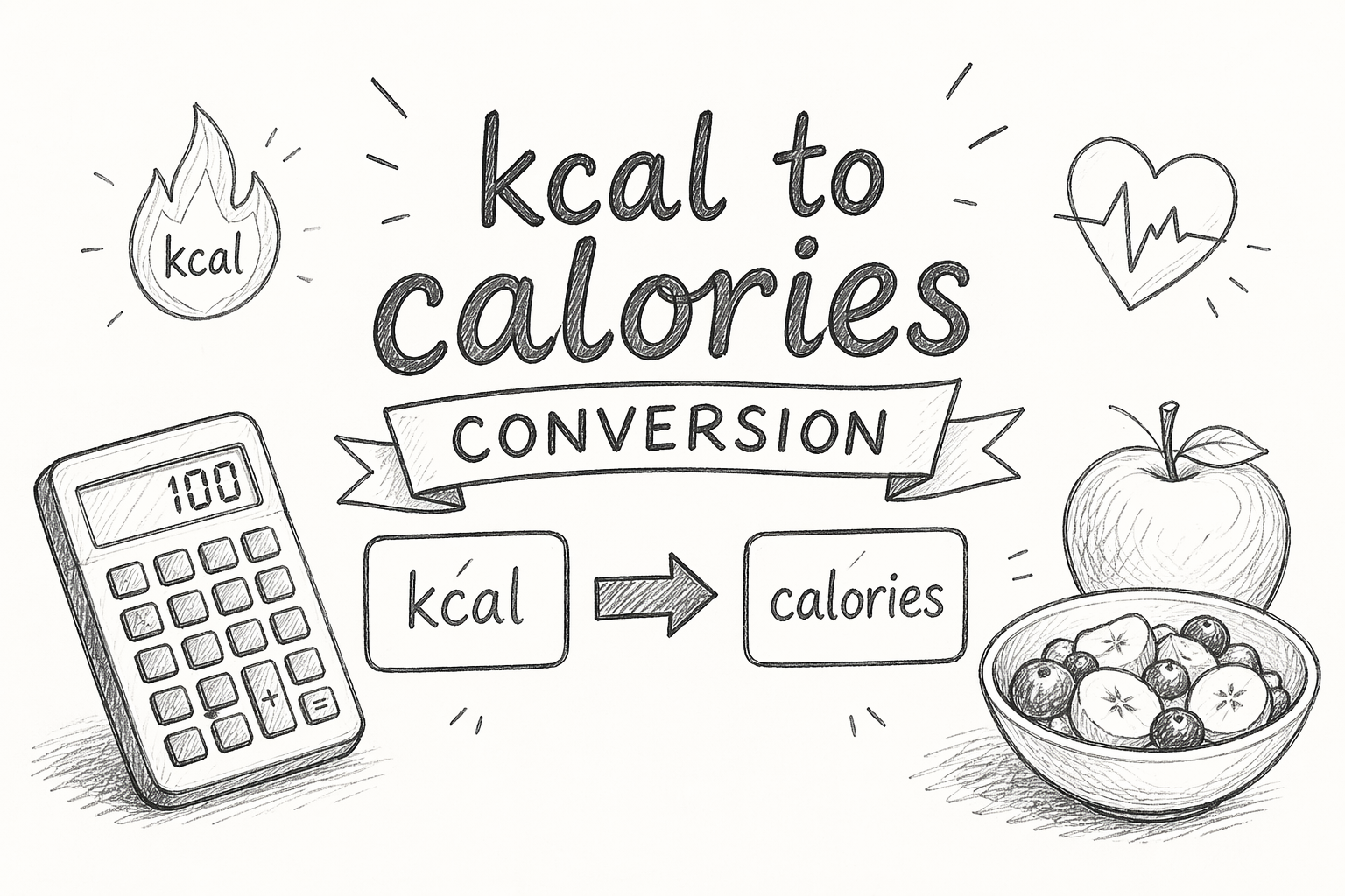 kcal to calories conversion formula showing 1 kilocalorie equals 1000 calories with calculator and health icons