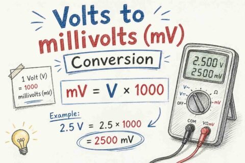 Volts to millivolts conversion formula showing 1 volt equals 1000 millivolts with electrical diagram