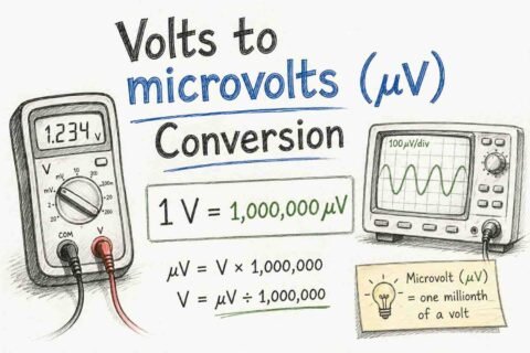 Volts to microvolts conversion diagram showing formula 1 V equals 1,000,000 µV in a clean educational design