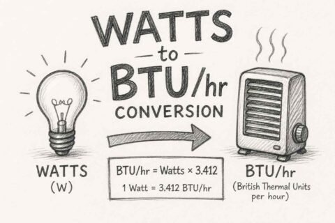 Watts to BTU/hr conversion infographic with calculator, energy icons, and formula 1 W equals 3.412 BTU/hr