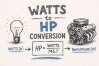 Watts to horsepower conversion formula with chart and engineering icons