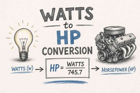 Watts to horsepower conversion formula with chart and engineering icons