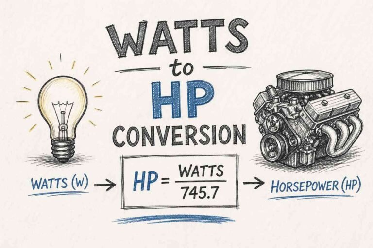Watts to horsepower conversion formula with chart and engineering icons