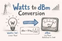 Watts to dBm conversion featured image with calculator, signal icons, and modern infographic design