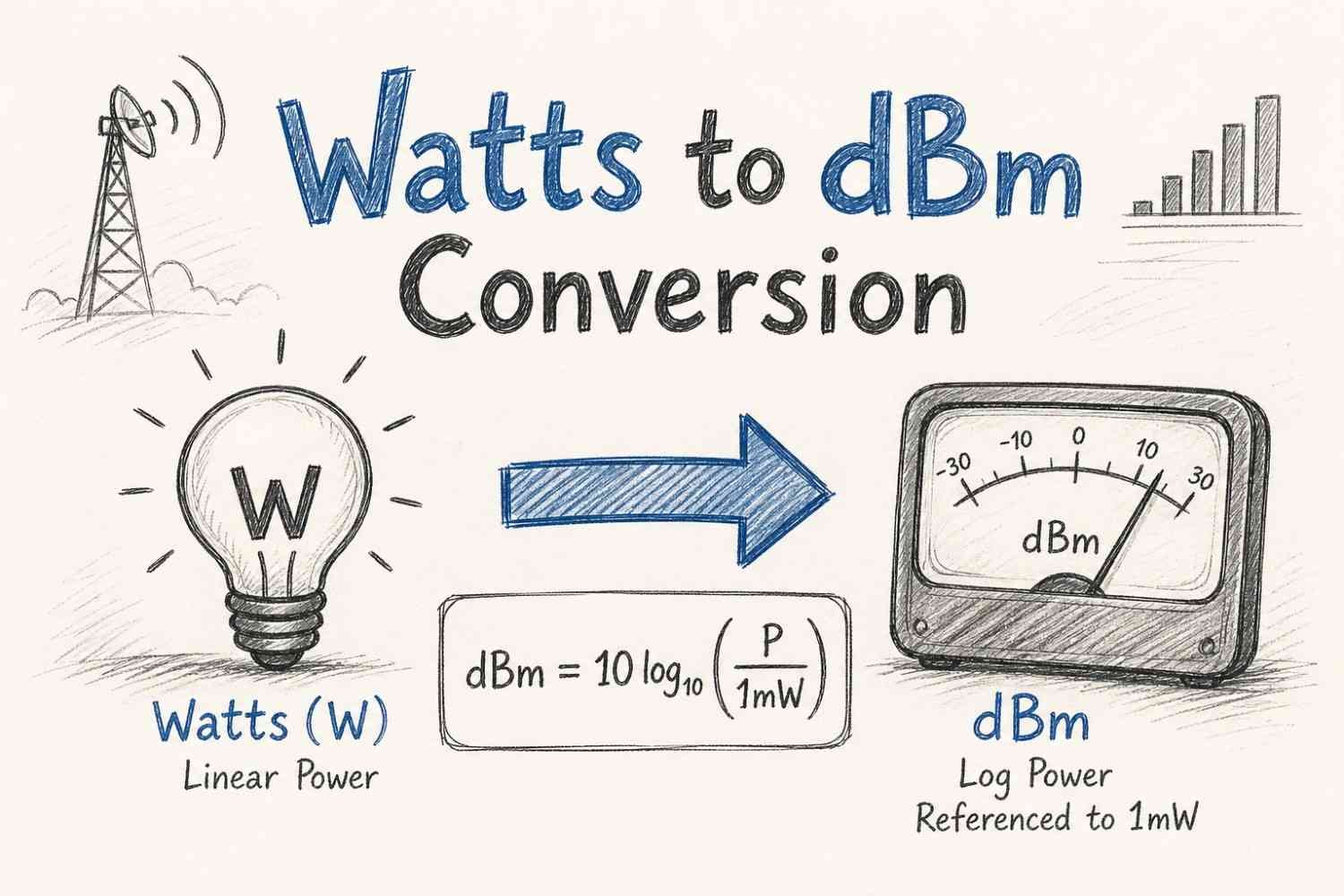Watts to dBm conversion featured image with calculator, signal icons, and modern infographic design