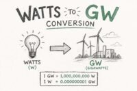 Watts to gigawatts conversion chart showing W to kW, MW and GW units with formula and examples
