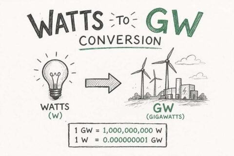 Watts to gigawatts conversion chart showing W to kW, MW and GW units with formula and examples